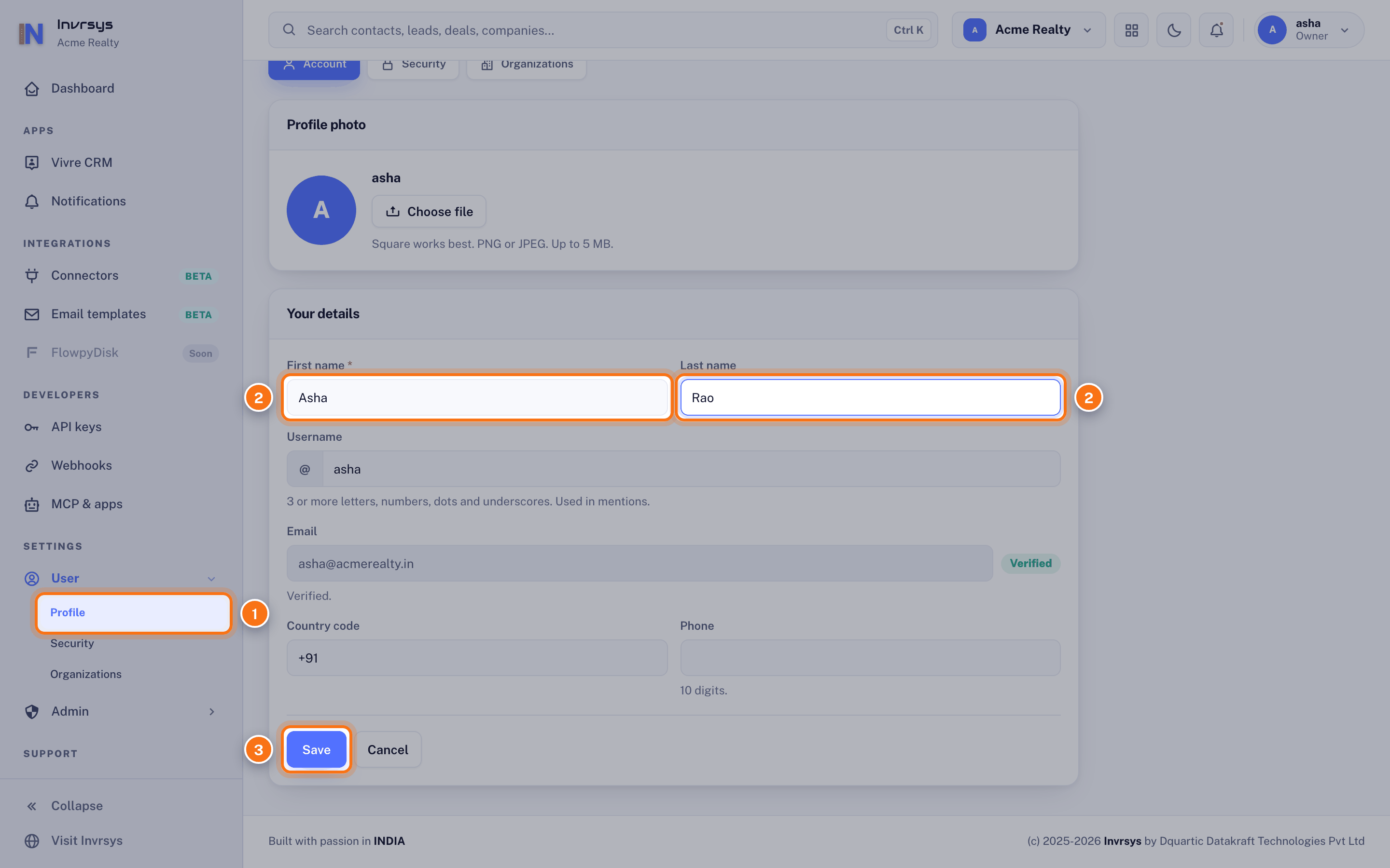 The Account page, with Profile in the sidebar marked 1, First name and Last name marked 2 and Save marked 3.